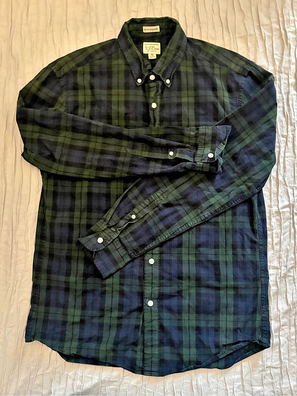 J.Crew Secret Wash Stretch Shirt Slim Untucked Blackwatch Plaid Men's M Short